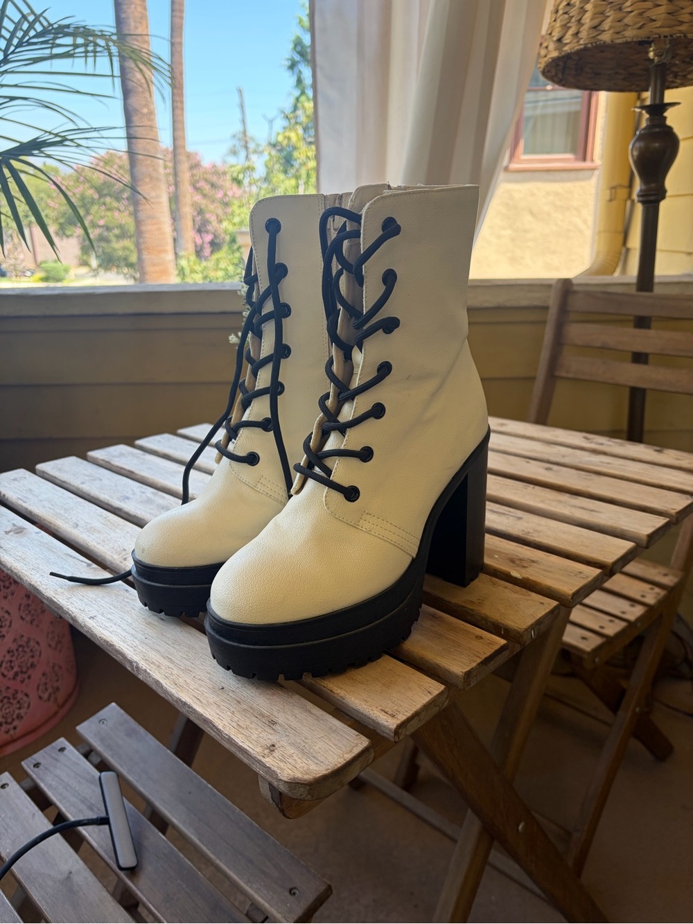 Forever 21 Cream Lace-Up Platform Block Heel Boots with Black Sole